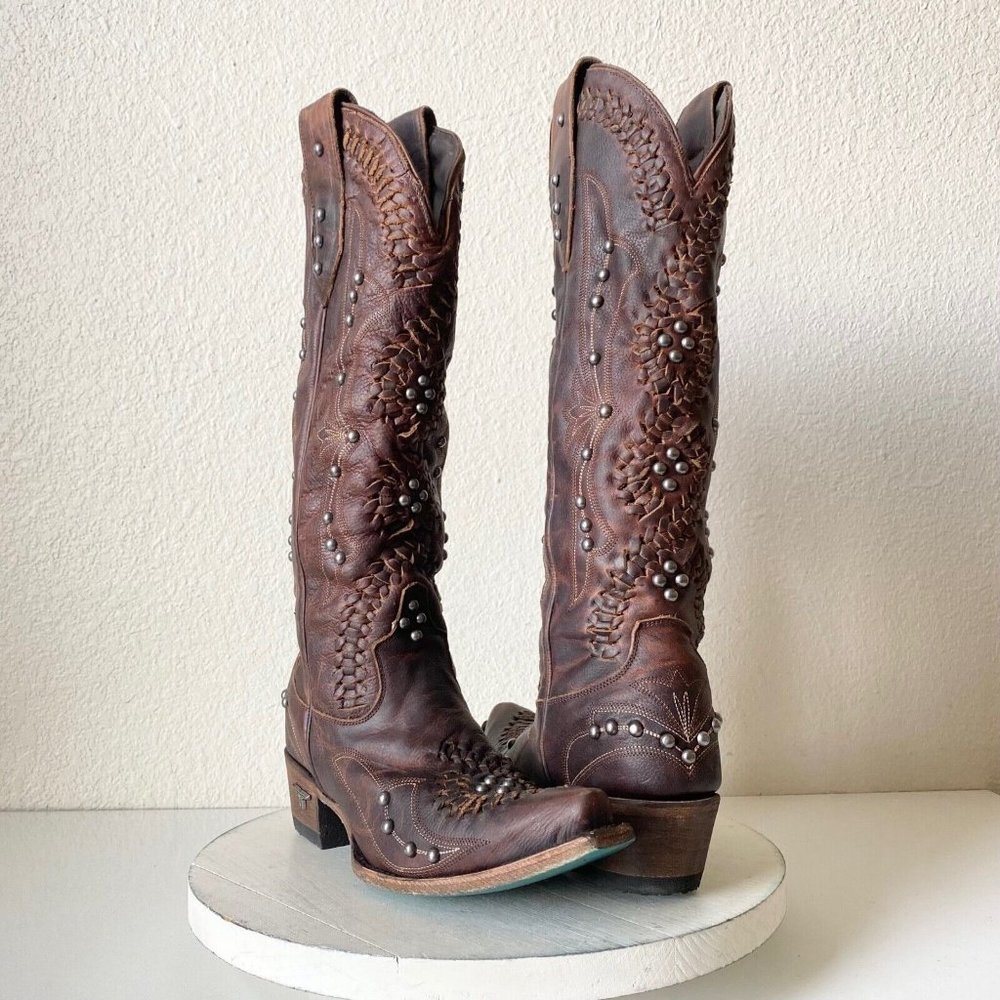 Lane COSSETTE Cowgirl Western Boots 6.5 Distressed Brown Leather Mid Calf Cowboy